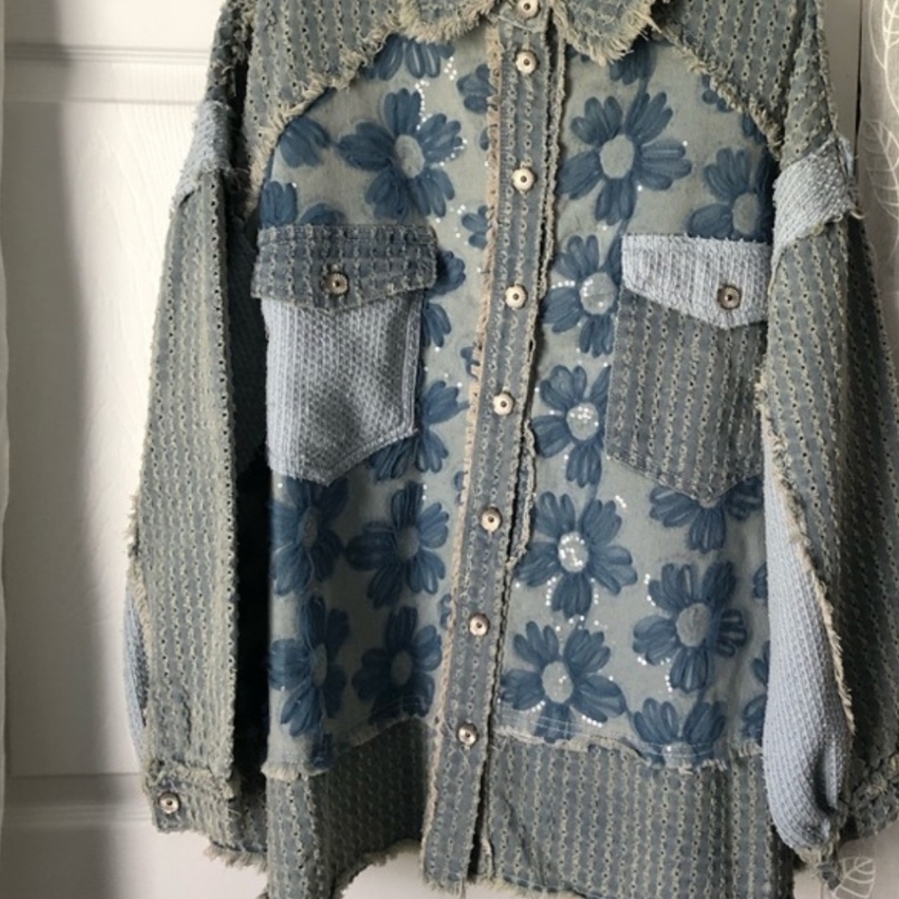 POL Blue Jean Jacket with Knit Sleeves